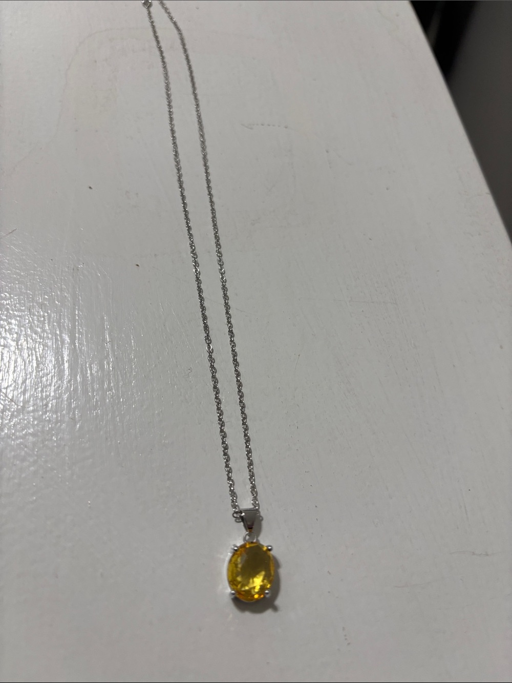 Yellow Crystal Pendant Necklace on Silver Chain - Women Jewelry. 16-18 inch chai